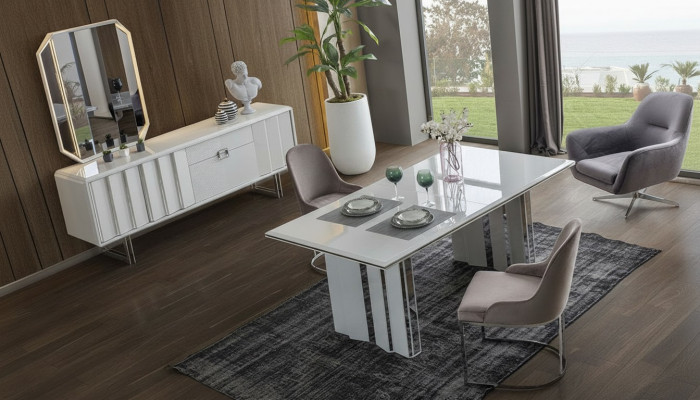 Luxus Iesszëmmer Set Iessdësch + 6x Still + Säiteboard mat Spigel Modern Komplett