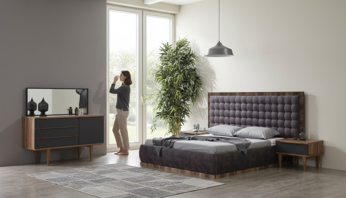 Schlofzëmmer Set Bett + 2x Nuetsdëscher + Kommode + Spigel Design Miwwelen 5tlg