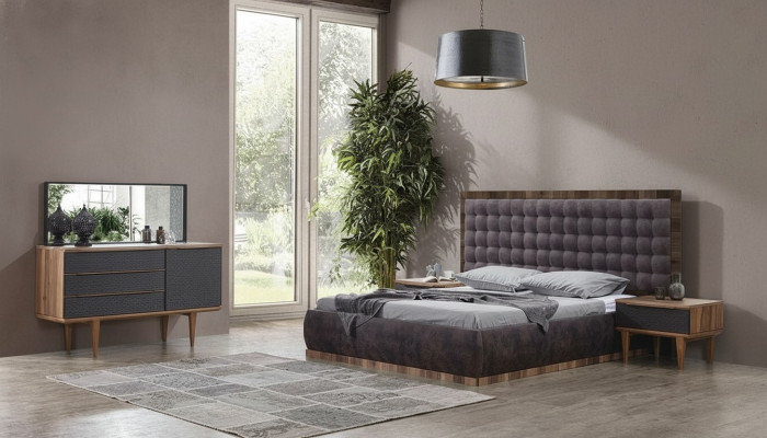 Schlofzëmmer Set Bett + 2x Nuetsdëscher + Kommode + Spigel Design Miwwelen 5tlg