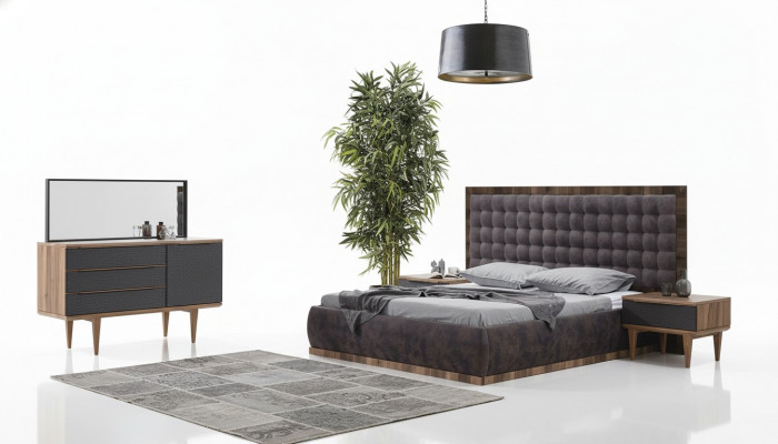 Schlofzëmmer Set Bett + 2x Nuetsdëscher + Kommode + Spigel Design Miwwelen 5tlg