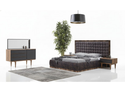 Schlofzëmmer Set Bett + 2x Nuetsdëscher + Kommode + Spigel Design Miwwelen 5tlg
