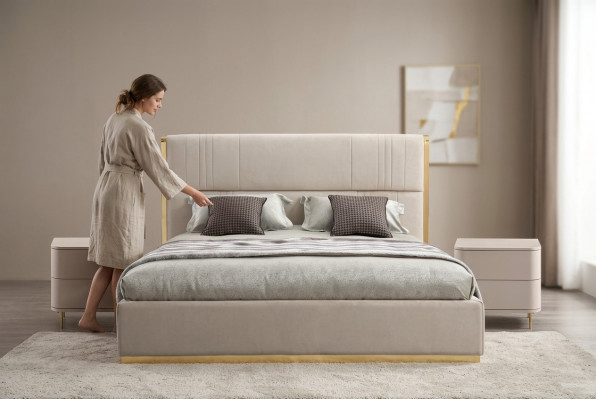 Schlofzëmmer Set Bett Grau Metall Stoff Design Luxus 2x Nuetsdëscher 3-Teileg. Nei-