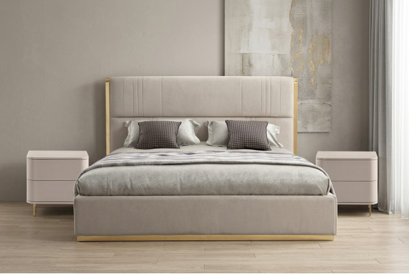 Schlofzëmmer Set Bett Grau Metall Stoff Design Luxus 2x Nuetsdëscher 3-Teileg. Nei-