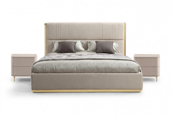 Schlofzëmmer Set Bett Grau Metall Stoff Design Luxus 2x Nuetsdëscher 3-Teileg. Nei-