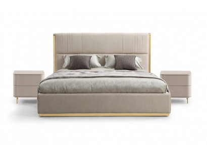 Schlofzëmmer Set Bett Grau Metall Stoff Design Luxus 2x Nuetsdëscher 3-Teileg. Nei-