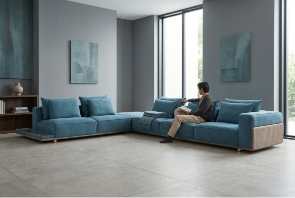 Blo Aroma L-Form Canapé Wunnzëmmer Luxus Stoffmiwwel Luxus Design Nei