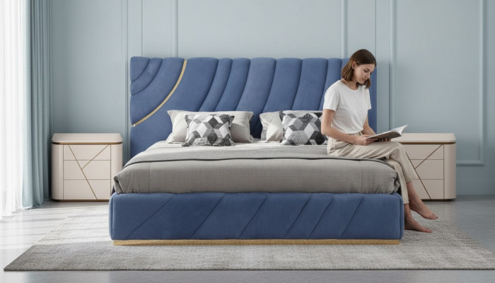 Schlofzëmmer Set Bett 2x Nuetsdëscher 3tlg. Blo nei Modern Komplett Luxus Miwwelen