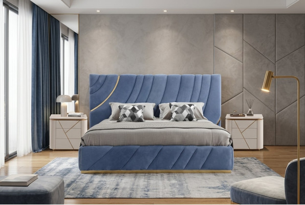 Schlofzëmmer Set Bett 2x Nuetsdëscher 3tlg. Blo nei Modern Komplett Luxus Miwwelen