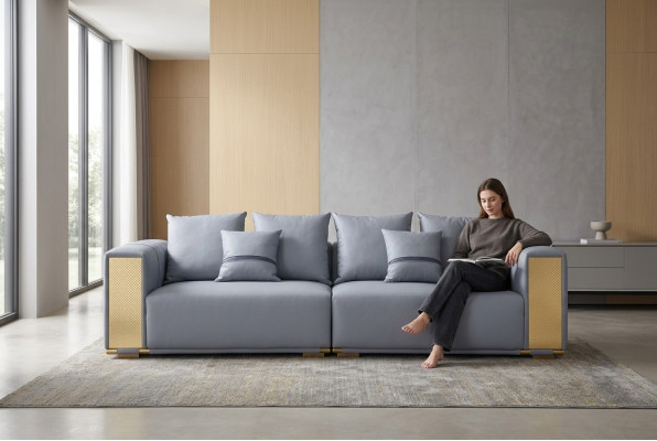 Luxus Sofa 4 Sëtzer Polstersofa Blo Textil Sëtz Design Canapé Modern Nei