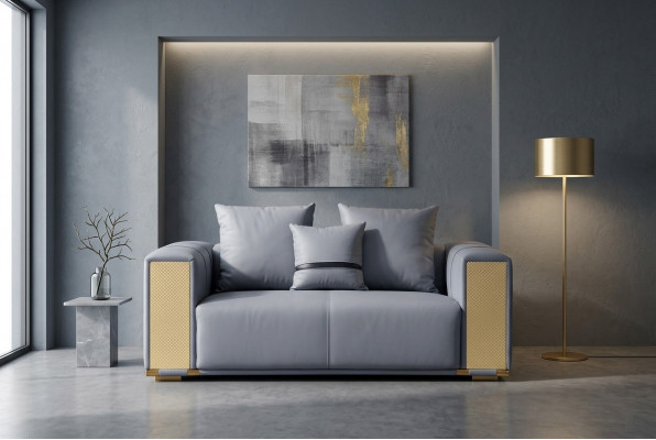 Luxus Wunnzëmmersofa 2-Sëtz Polstersofa Blo Textil Sëtz Design Couch Modern.