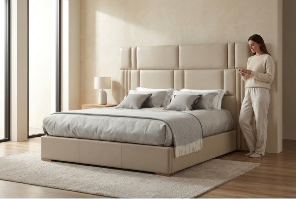 Luxus Schlofzëmmer Bett Designer Miwwelen Duebelbett Wäiss Textil Holz Nei
