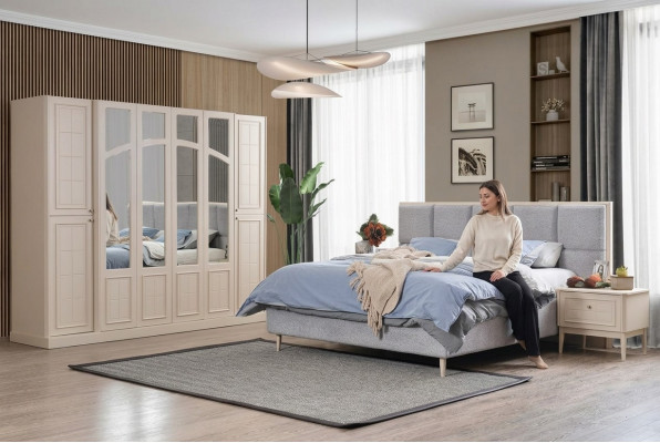 Schlofzëmmer Set Luxus Komplett Bett 2x Nuetsdësch Kleederschaf Modern 4-Deeler