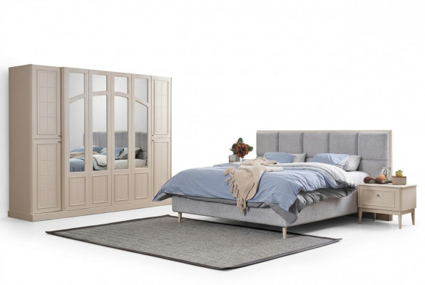 Schlofzëmmer Set Luxus Komplett Bett 2x Nuetsdësch Kleederschaf Modern 4-Deeler