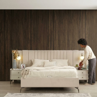 Luxus-Schlofzëmmer-Bett an 2x Noluecht Dëscher 3-Deel Set Design Ariichtung