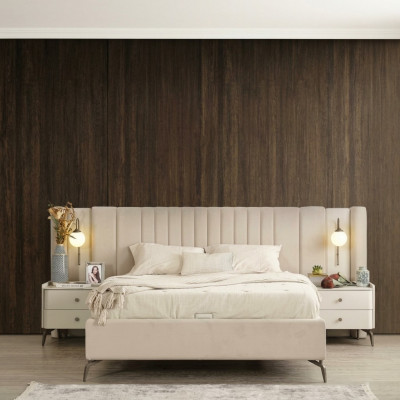 Luxus-Schlofzëmmer-Bett an 2x Noluecht Dëscher 3-Deel Set Design Ariichtung
