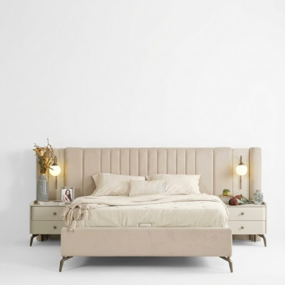 Luxus-Schlofzëmmer-Bett an 2x Noluecht Dëscher 3-Deel Set Design Ariichtung