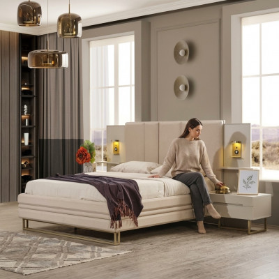 Schlofkummer Set Luxus Komplett Beige Bett 2x Nuetsdëscher Modern