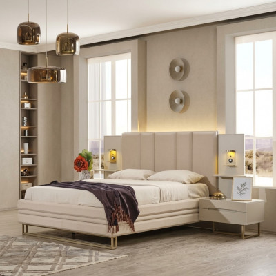 Schlofkummer Set Luxus Komplett Beige Bett 2x Nuetsdëscher Modern