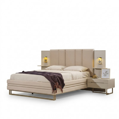Schlofkummer Set Luxus Komplett Beige Bett 2x Nuetsdëscher Modern