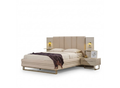 Schlofkummer Set Luxus Komplett Beige Bett 2x Nuetsdëscher Modern
