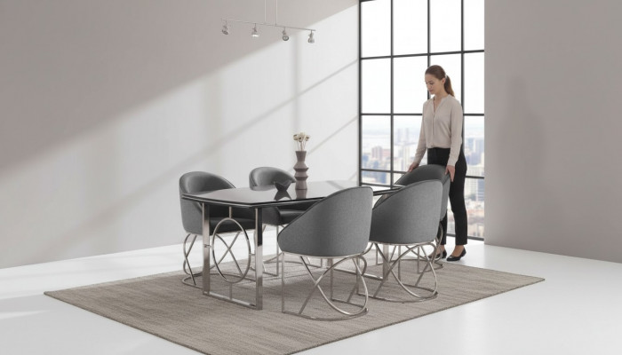 Modern Iesszëmmer Miwwelen luxuriéise Iessdësch + 6x Stull Dësch Stull.