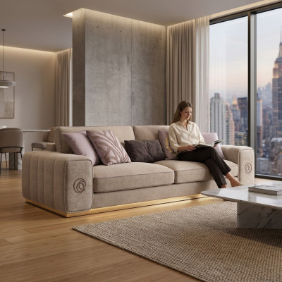 Beige Dräisëtzer Canapé Couch Wunnzëmmer Gepolstert Miwwelen Ariichtung Nei Miwwelen
