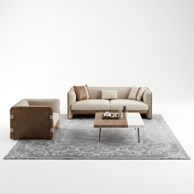 Komplett 5 Stéck Miwwelen Dräisëtzer Sofa Luxus Fotell Modern Holz Couchtisch
