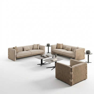 Luxus Wunnzëmmer Garnitur 7tlg Polsterméiwer Dräisëtz Sofas Textil Sesselen Nei