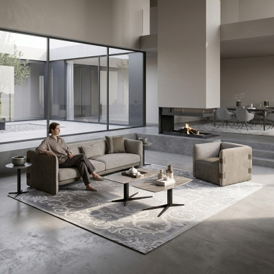 Komplett Set 6tlg Dräisëtzer Sofa Neie Sessel 2x Dësch aus Holz 2x Säitentësch