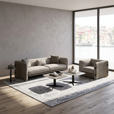 Komplett Set 6tlg Dräisëtzer Sofa Neie Sessel 2x Dësch aus Holz 2x Säitentësch