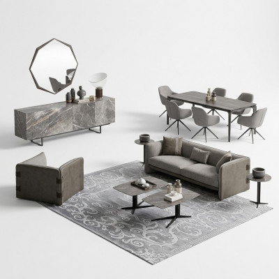 Komplett Set 6tlg Dräisëtzer Sofa Neie Sessel 2x Dësch aus Holz 2x Säitentësch
