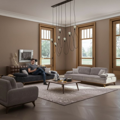 Wunnzëmmer Set Gro Sofa Zwëschesëtzer mat Dräisëtzer Textildesign Couchtisch