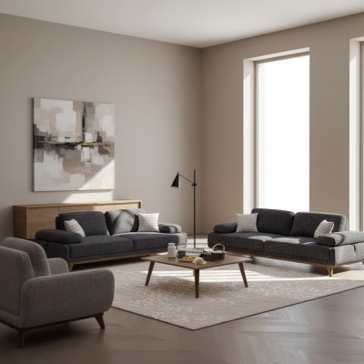 Wunnzëmmer Set Gro Sofa Zwëschesëtzer mat Dräisëtzer Textildesign Couchtisch