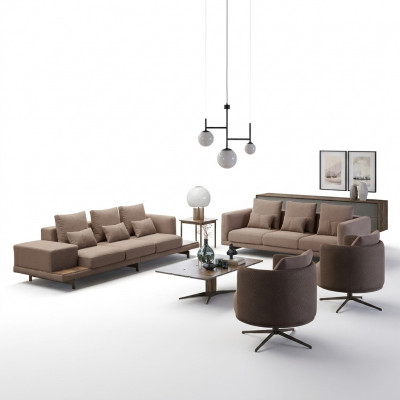 Komplett 6-Stéck Braun Ariichtung 2x Dräisëtzer Canapé Couch Polstermiwwele 2x Still.