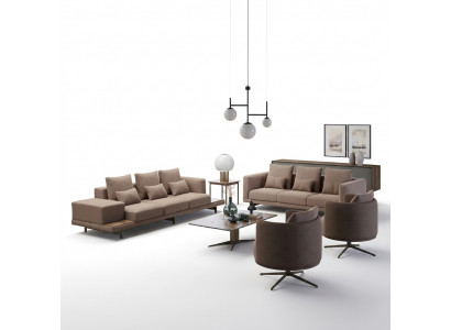Komplett 6-Stéck Braun Ariichtung 2x Dräisëtzer Canapé Couch Polstermiwwele 2x Still.