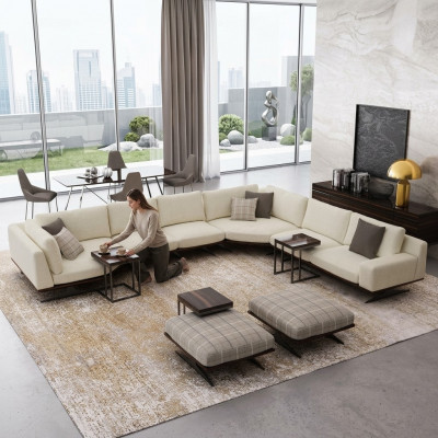 Wunnzëmmer Set 5 Deeler Ecksofa L Form 2x Hocker Garnitur Design 2x Béistelltësch