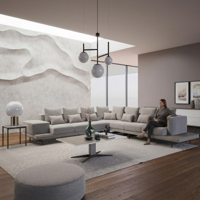 Wunnzëmmer Griis Polstermöbel Ecksofa L-Form Design Dësch Eckdësch