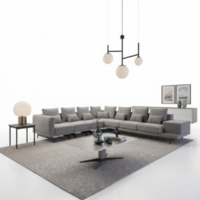 Designer Sofa Canapé Ecksofa L-Form Textil Polster Garnitur Wunnzëmmer Dësch.