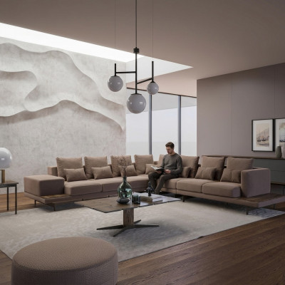 Designer Wunnzëmmer Set 3tlg Polstersëtz Ecksofa L-Form Holz Clubdësch Nei
