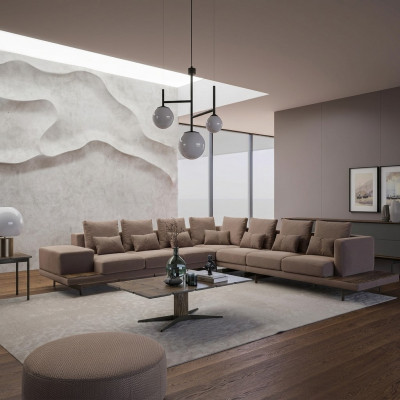 Designer Wunnzëmmer Set 3tlg Polstersëtz Ecksofa L-Form Holz Clubdësch Nei