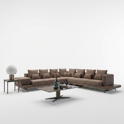 Designer Wunnzëmmer Set 3tlg Polstersëtz Ecksofa L-Form Holz Clubdësch Nei