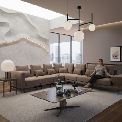 Luxus Designer Komplett Sofa Canapé L-Form Ariichtung Holzcouchtisch Neit
