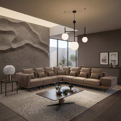 Luxus Designer Komplett Sofa Canapé L-Form Ariichtung Holzcouchtisch Neit
