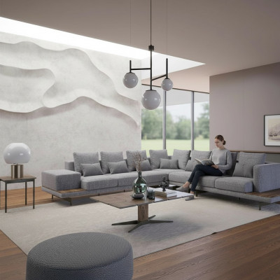 Wunnzëmmer Set 3tlg Gro Ecksofa L-Form Holz Couchtisch Designer Bäitelltisch
