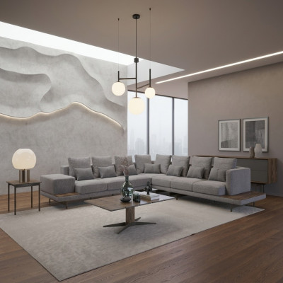 Wunnzëmmer Set 3tlg Gro Ecksofa L-Form Holz Couchtisch Designer Bäitelltisch