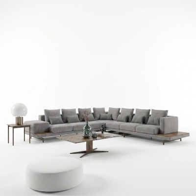 Wunnzëmmer Set 3tlg Gro Ecksofa L-Form Holz Couchtisch Designer Bäitelltisch