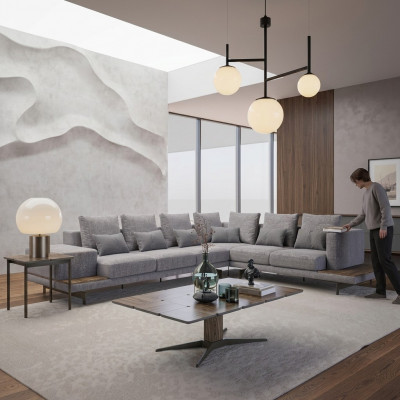 Luxus gro Polstersofa an L-Form hëlze Couchtisch mat Säitentisch Wunnzëmmer