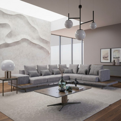 Luxus gro Polstersofa an L-Form hëlze Couchtisch mat Säitentisch Wunnzëmmer