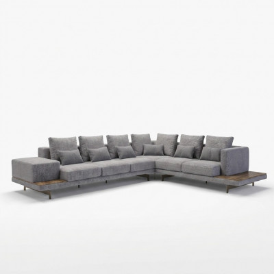 Luxus gro Polstersofa an L-Form hëlze Couchtisch mat Säitentisch Wunnzëmmer