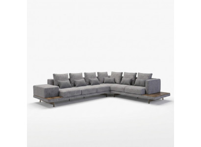 Luxus gro Polstersofa an L-Form hëlze Couchtisch mat Säitentisch Wunnzëmmer
